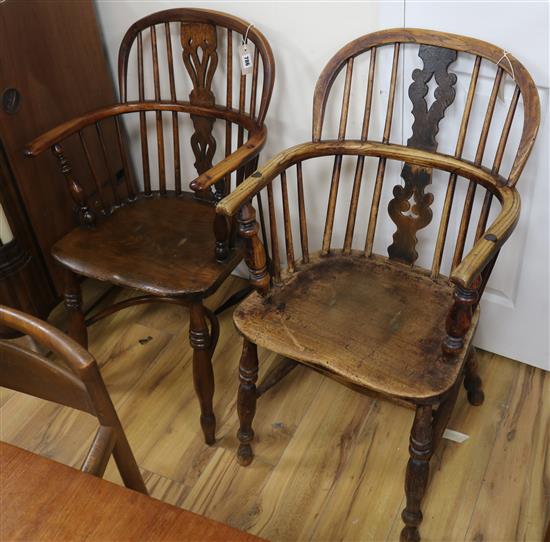 A Victorian yew and elm low back Windsor armchair and a similar ash and elm armchair